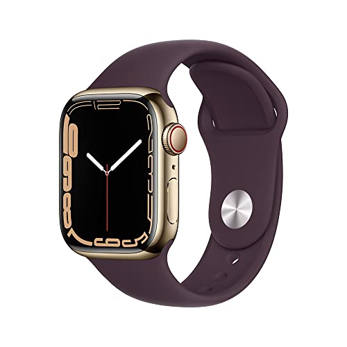 Apple Watch Series 7 GPS Cellular Caixa em aco inoxidavel dourado de 41 mm com Pulseira esportiva cereja escura 0
