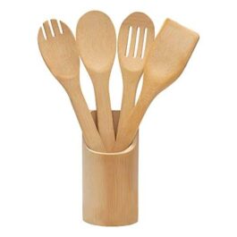 Mimo Style Kit de Utensílios 5 Peças Ecokitchen, Produzido em Bambu 100% Ecológico, Utensílios Resistentes ao Calor, Não Danificam o Revestimento Antiaderente