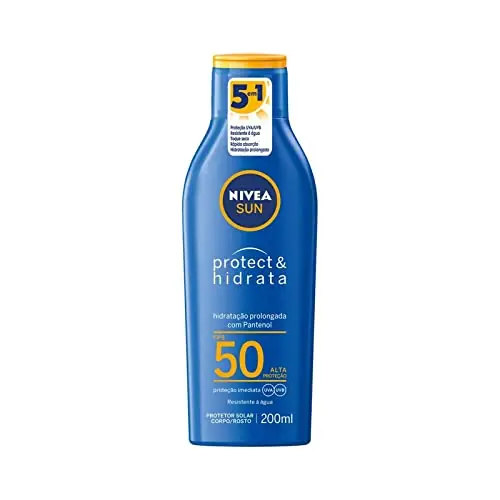 NIVEA SUN Protetor Solar Protect & Hidrata FPS 50 200ml - Com toque seco, rápida absorção e resistente à água, esse protetor solar oferece altíssima proteção ao sol e promove hidratação à pele