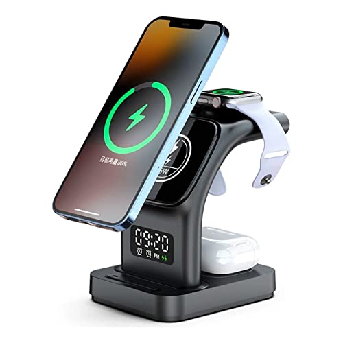 Carregador Sem Fio 5 Em 1 Para iPhone Para Apple Watch e Para AirPods Estacao de Carregamento Rapido Com Relogio Despertador e Luz Noturna Preto 0