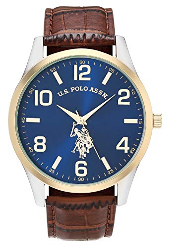 US Polo Assn Relogio social analogico masculino com mostrador azul Sunray bisel dourado e pulseira de couro sintetico marrom Relogio classico de quartzo inclui caixa para pulsos de 14 a 20 cm 0